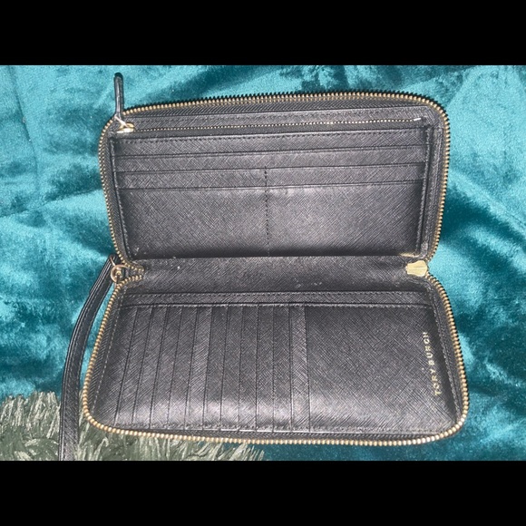 Tory Burch black wallet with gold tone zipper. - Picture 1 of 9